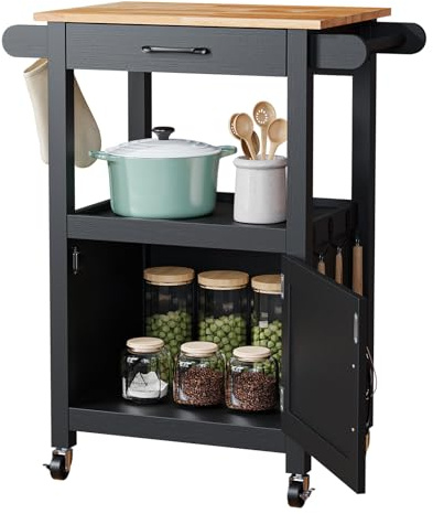 Bonnlo Servierwagen mit Rollen, Küchenwagen mit Arbeitsplatte und Schubladen, Scheunentor-Design in Schwarz, Holzrelief, Metallgriff & Gummibaum-Platte, 74x63x89cm (Schwarz)