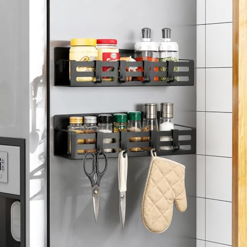 EAAGHK 2 Stück Gewürzregale, Kühlschrank Regal Magnetisch mit 8 Haken Magnetregal Magnetic Spice Rack Kühlschrankregal Wandregal Küche Anti-Rost für Küchenorganisation und Lagerung (Schwarz)