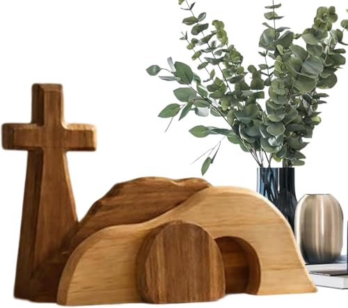 Hölzernes leeres Grab Oster-Szene Tischdekoration, Jesus Auferstehung Kreuz Display Set mit Grabtablett, christliche religiöse Dekoration für Zuhause Kirche Büro, Braun, 23x16x9cm, 1er-Pack (Braun-1p)