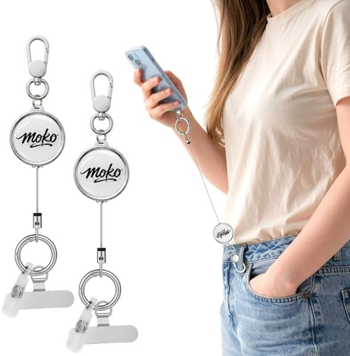 MoKo Confezione da 2 Laccetto Antifurto per Telefono, Cordino Smartphone Retrattile in Acciaio, Porta Cellulare con Portachiavi, Porta Badge ID e Tether 360° Insegnanti, Infermieri, Studenti, Argento