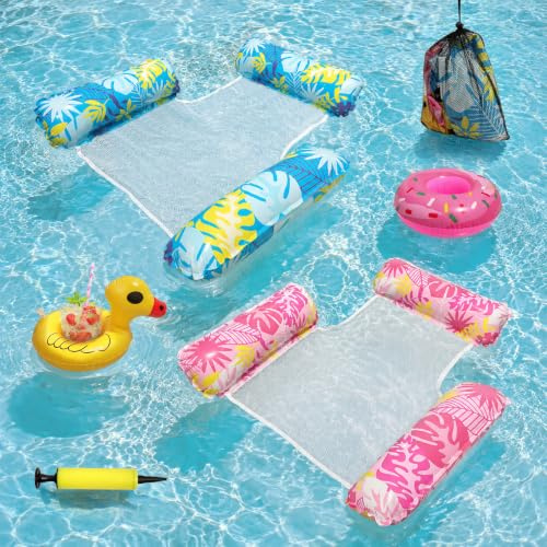 4 in 1 Wasserhängematte 2 Stück, CIYIN Schwimmsessel für Pool Erwachsene | Wassermatratze Aufblasbare, Luftmatratze Pool mit Getränkehalter, Luftpumpe und Aufbewahrungsbeutel