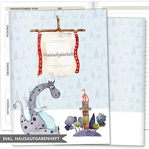 OLGS Hausaufgabenheft Hülle Ritter und Drachen inkl. Heft Schulheft Schutzhülle Umschlag Geschenkidee Einschulung Grundschule (ohne Personalisierung, Drache Neo)