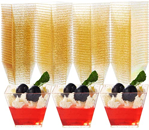 MATANA 100 Vasitos de Postre Individuales de Plástico Reutilizables con Brillo Dorado, 60ml - Cuencos para Aperitivos, Mini Vasos para Postres - Catering, Fiestas, Bodas