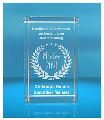 ELUNO 3D Glasquader | Meister + Jahreszahl | Glückwunsch mit Wunschtext | Geschenk zur Meisterprüfung