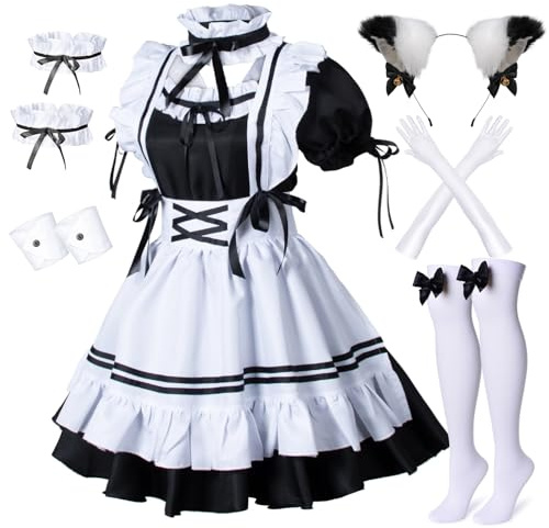 Wannsee Anime French Maid Apron Lolita Fancy Dress Cosplay Costume Furry Cat Ear Gloves Socks Set(S) Black-White