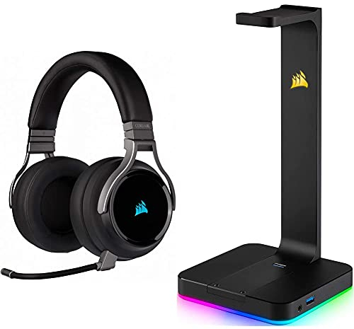 Corsair Virtuoso RGB Wireless High-Fidelity Gaming Headset (Slipstream Technologie, 7.1 Surround Sound) Carbon & ST100 Premium Kopfhörer-Ständer (2X USB 3.1, 7.1 Dolby Audio Ausgang) schwarz