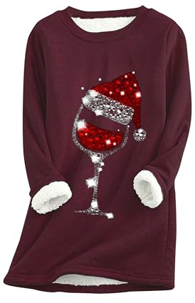 EFOFEI Mujeres Todo Partido Felpa Suéter Dulce Navidad Ropa Top con Copa De Vino Patrón Vino Rojo M