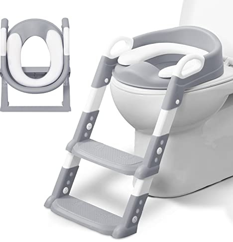 KIDOOLA Adjustable Potty Ladder Seat for Toilet Training with Steps,Handle & Soft Cushion Design Non Slip & Space Efficient Toddlers & Children Foldable & Easy Assembly Splash Guard Included Grey