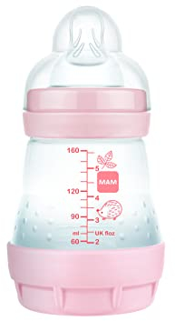 MAM Anti-Colic Bottle, Newborn, 0-2 Months, 160 ml, with 1 Slow Flow Silicone Teat Easy Acceptance, Self-Sterilizable and Easy to Clean, Easy Start Anti-Colic, Matte Pink, Pack of 1