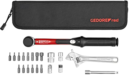 GEDORE kit d'outils vélo rouge avec clé dynamométrique 1/4 «, 21 pièces, 5-25 Nm, adaptateur 3/8, extension de cardan, embouts, kit de réparation avec sac, R21702021, noir/rouge