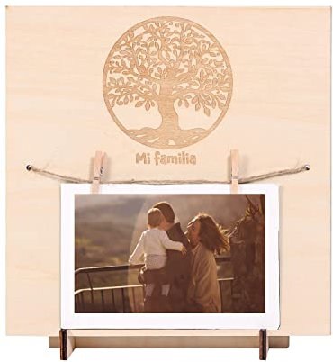 Pandiui23 marco de fotos madera 22x22cm, marco fotos regalo origina, marco colgar fotos con pinzas (Árbol de la vida)