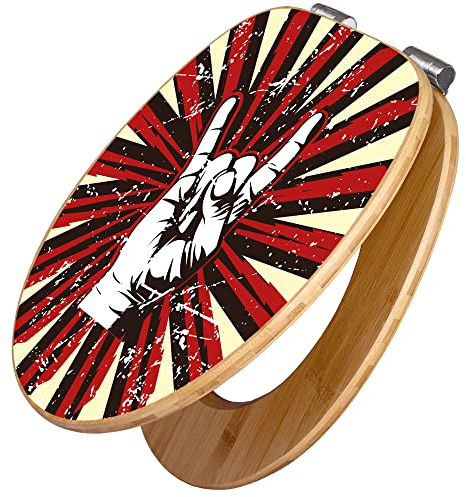 banjado Design WC Sitz Bambus Absenkautomatik 45,8x37,5cm / Toilettendeckel mit Absenkautomatik Holz/hochwertiger Bambus Klodeckel/WC-Sitz für gängigen Toiletten/Motiv Rock On