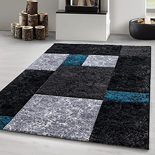 Carpetsale24 Teppich 140x200 cm – Kurzflor Konturenschnitt in Schwarz Grau Blau – Kariertes Design, Waschbar, Pflegeleicht, Extra Weich – Für Wohnzimmer, Schlafzimmer, Esszimmer