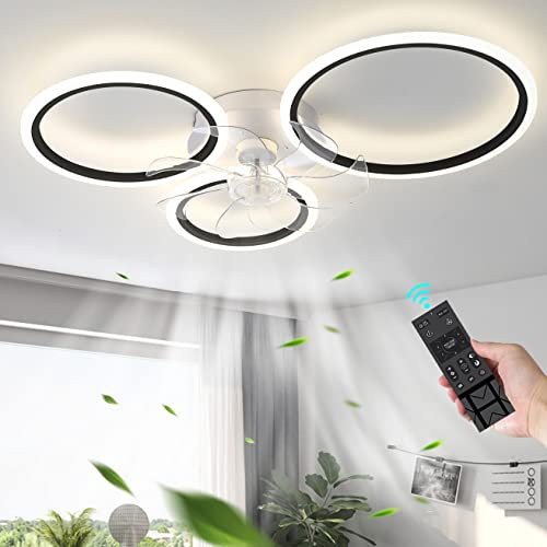 YUNZI 3 Cerchi Design Ventilatore da Soffitto con Luce E Telecomando Camera da Letto LED Dimmerabile Plafoniera con Ventilatore E Timer Reversibile Silenzioso Motore DC 6 velocità per Soggiorno-Black