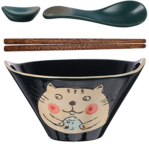 Kichvoe Ceramic Ramen Bowl Set 19 * 12CM Porcelain Noodle Bowl with Chopsticks & Spoon & Chopsticks Holder Pho Bowl Soup Bowl Large Noodle Bowls