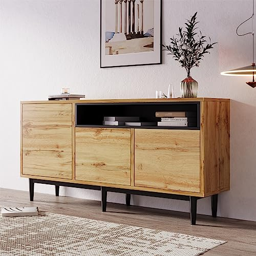 Sweiko Kommode mit 3 Türen und 1 Regalen, Türkommoden, Sideboard mit Verstellbare Ablage, Schubladenkommode Holz Mehrzweckschrank für Flur Schlafzimmer Wohnzimmer Badezimmer