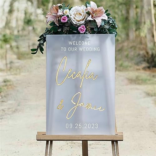 Condlin Cartello di benvenuto in acrilico personalizzato, rustico, oro e bianco, 30,5 x 45,7 cm, perfetto per matrimoni, addio al nubilato e altro ancora