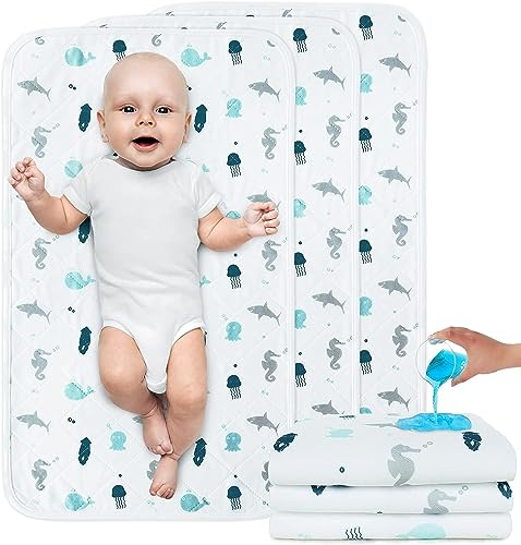SPRINGSPIRIT Waterproof Quilted Changing Mat Liners, Baby Diaper Changing Pad Covers, Anti-Slip & Washable, 27 x 14, 3 Pack, Oceans Pattern, TPU Material