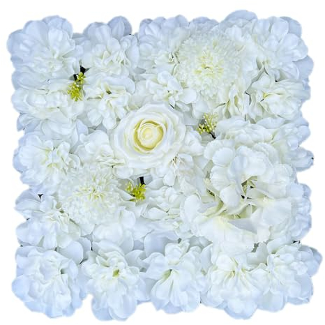 Whakano Künstliche Blumen Wand 25 x 25cm,Kunstblumen Deko,Dahlie Rosen Dekoblumen,Künstliche Blume Blumenhintergrund,Blumenwandhintergrund für Party Hochzeit Brautdusche Babyparty Heimdekoration,Weiß