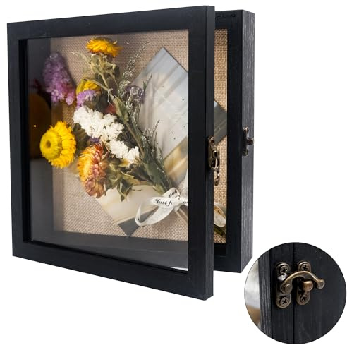 Hodeframe Shadow Box Frame 8x8, Wood Shadow Box Display Case with Glass Window Metal Lock, Memory Box for Memorabilia Awards Medals Photos Black