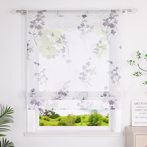 Heichkell Raffrollo mit Tunnelzug Leinenoptik Gardine Tranparent Vorhang Bedruckte Raffgardine mit Blumen Violett BreitexHöhe 140x140 cm