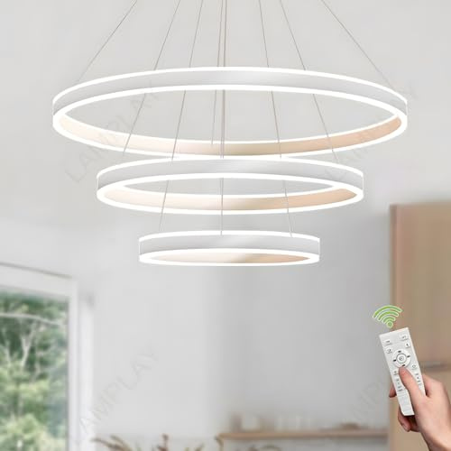 LAMPLAY Runde Moderne LED-Pendelleuchte, 3 Weiß Ring-Kronleuchter, Dimmbar Mit Fernbedienung 3000K-6000K Deckenleuchte, Höhenverstellbar, Foyer, Wohnzimmer, Schlafzimmer, Esszimmer(Ø40+60+80cm)