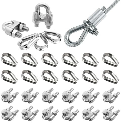 Prmape 24 Pezzi Morsetti per Cavo Acciaio, 12pcs Morsetti per Filo Stendibiancheria 5mm, a Forma di U Morsetti per Fune Metallica e 12pcs Ditale Cavo Acciaio per Fune Metallica 5mm