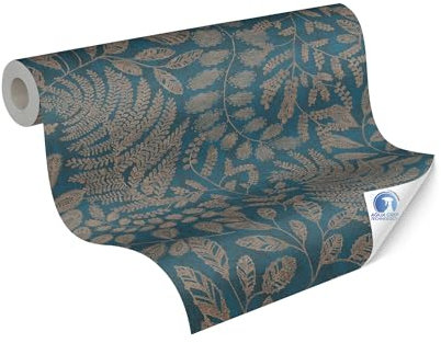 Livingwalls Carta da parati DESIGNDROP - carta da parati non tessuta preverniciato floreali nei colori petrolio, oro, beige - 10,05 m x 0,53 m - Carta da parati con motivi di foglie - 784951