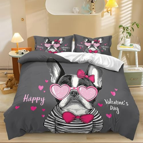 Fibra Superfine Copripiumini Animali Boston Terrier Occhi A Forma Di Cuore Prevenire L'Allergia Con Cerniera Morbido E Confortevole Copripiumino 220x230cm Stampa 3D Set Copripiumino Con Due Federa
