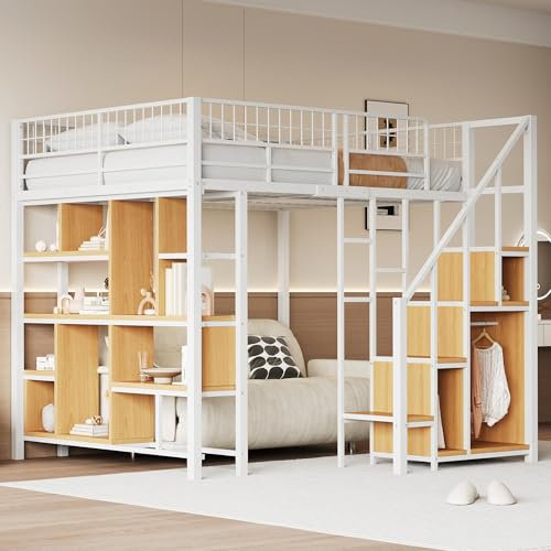 BOFGWPM Hochbett Metallbett 140x200 cm mit Stauraum und Treppe, Einzelbett mit Lattenrost und Ablageflächen, Bettgestell mit offenem Schrank, Bett für Kinder, Erwachsene und Jugendliche, Weiß