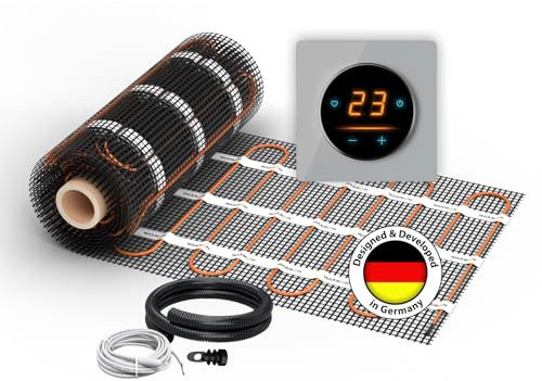 Elektrische Fußbodenheizung: Zweiader-Heizmatte WARMON CLASSIC 150 W/m² mit WiFi-Thermostat OKE-25 Touch und schwarzem Garda Glass-Abdeckrahmen, Thermostat:OKE25 Garda Grau, Mattengröße:3 m²
