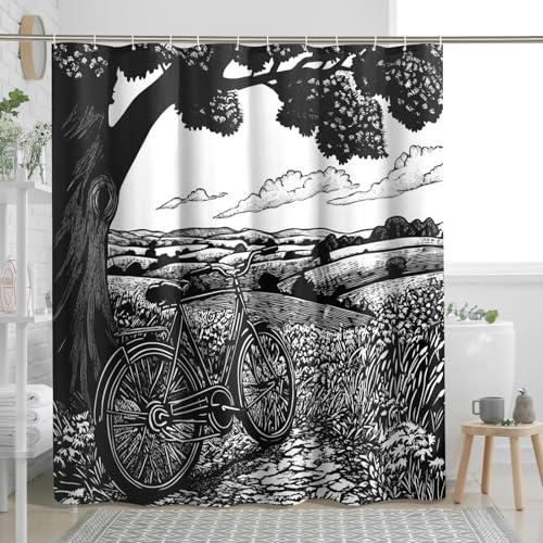 Cortina de ducha con diseño de bicicletas, color blanco y negro, para decoración de baño, arte de paisaje vintage de primavera, juego de cortina de ducha de tela impermeable con ganchos, 157 x 183 cm