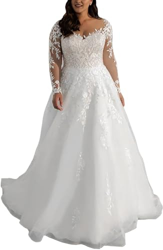 JAEDEN Damen Brautkleider Grosse Grössen Lang Spitze Hochzeitskleider mit Ärmel Prinzessin Standesamtliche Trauung Kleid Weiß 44