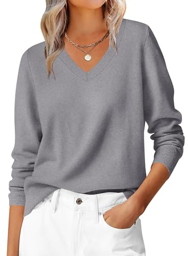 ANRABESS Women’s Fall Long Sleeve V Neck Lightweight Sweaters Top Grey