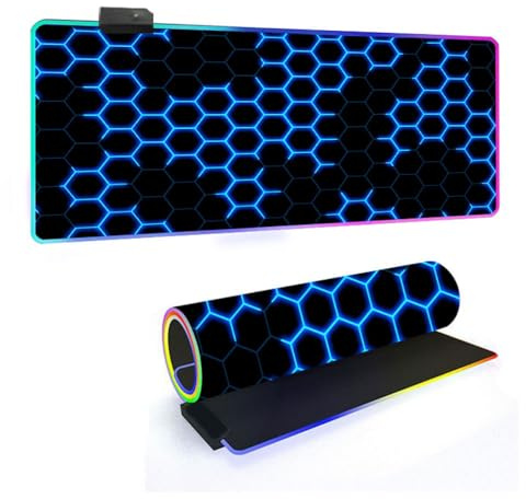FANSU Gaming Mauspad XXL, Tech-Stil, RGB Extra Groß Multifunktionales Mousepad mit 14 Farben LED-Licht für Computer PC Laptop Tastatur Professionelle Gamer Rutschfester (Blau,700x300x4mm)