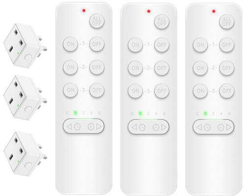 NineLeaf Remote Control Plug Socket UK, Timer Plug with Wireless Remotes, Electric shock-proof safety outlet, 15A,4000V Anti-Surge, 152M/500FT, Programmable, V0 Fireproof, LED, 3 Socket and 3 Remote