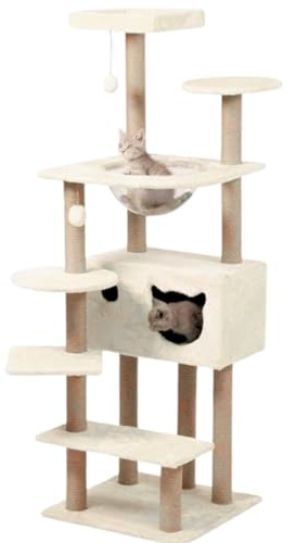 Árbol Rascador para Gatos, 153 cm de Altura, Color Beige, con Casa y Plataformas, 50x50 cm Base
