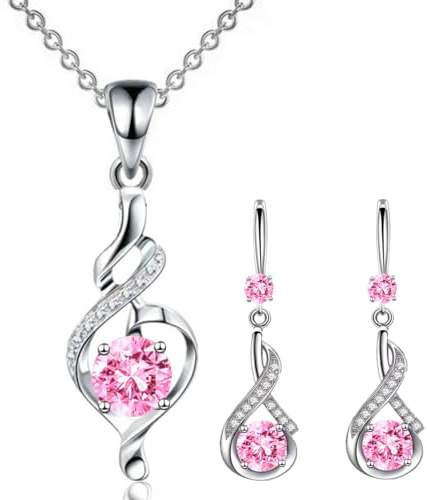 APMGONT Silver Jewellery Sets for Women, Women Crystal Teardrop Necklaces and Earrings Sets, Crystal Women's Jewellery Sets with Zirconia Hook Dangle Earrings Gift for Birthday Christmas (Pink)