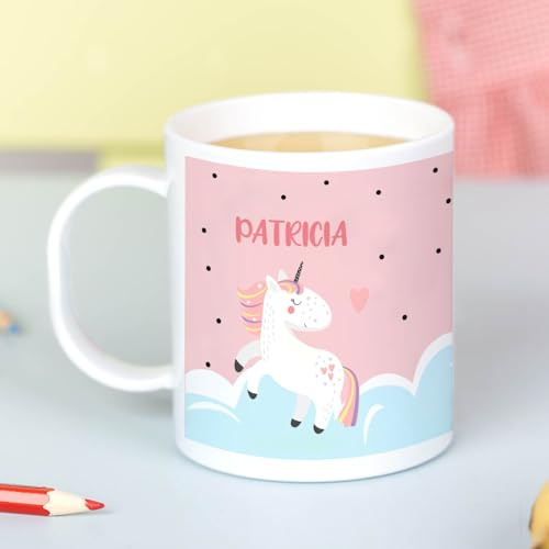 Wanapix |Unzerbrechliche Plastiktasse mit Namen | personalisiert Trinkbecher | Unzerbrechliche Tasse | Schule - Kindergarten | BPA freier | 325 ml | Einhorn