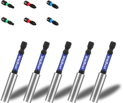 WojBear 5 PCS Magnetic Extension Bit Holder Set, 5 * 75mm Drill Bit Holder for Impact Driver with 6 PCS Screwdriver Bits, 2*PZ2 2*PH2 T20 TT20
