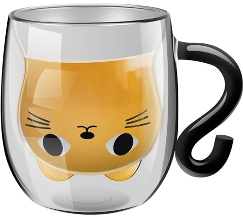 Zhjiutak Cat Mug Cute Double Walled Glass Mug, 250ml Coffee Cup Cappuccino Latte Glass Milk Tea Cup, Birthday Christmas Valentine's Day for Women Wife Mum Girls Boys Friends