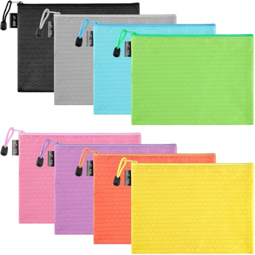 8 Stück Geldtaschen A5 (24 x 18 cm) – Wasserdichte Banktasche mit Reißverschluss, Dokumententasche Schwarz für Haushalt, Business, Schule (Mehrfarbig)
