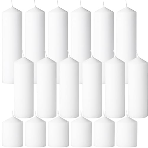 Trxvxo 18 Pcs White Pillar Candles Bulk Set，3 Different Lengths 2 x 3/4/6 Inch (6 Each)，Hurricane Candles，Dripless Unscented Smokeless，Gives You a Better Atmosphere When Organizing an Event Party.