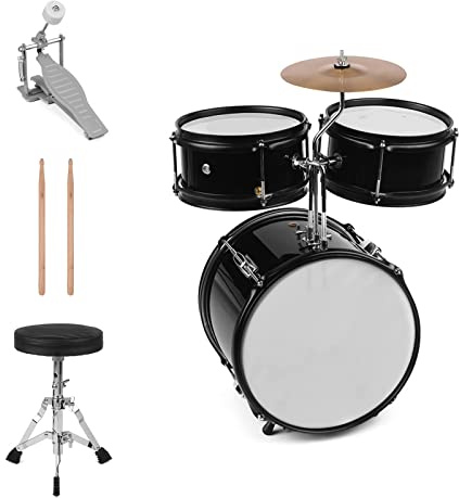 Irfora Kinder Kinder Junior-Anfänger 3-teilige Drum Set Drum Kit Percussion Musical Instrument mit Becken-Trommelstämen Verstellbarer Stuhl Rot (Schwarz)
