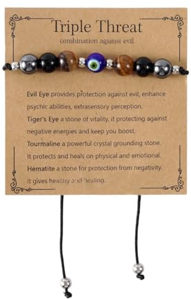 Mikovivi Triple Threat Protection Evil Eye Bracelet for Women, Adjustable Natural Stone Good Luck Evil Eye Bracelet for Anxiety Relief Women & Men Jewelry Gift