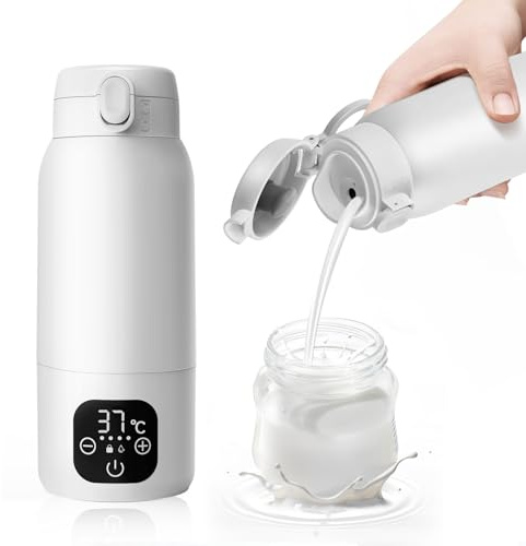 Tragbarer Baby Flaschenwärmer für unterwegs, 500ml Kapazität – Schnellheizung in 3 Min. und lange Akkulaufzeit, 24h Temperaturhaltung für Muttermilch, Formula und Wasser (Schneeweiß)