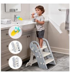 Onasti Toddler Step Stool, Adjustable 3 Steps for Kid Potty Training with Handles, Learning Tower, Foldable Kids Step Stool for 18 Months to 8 Years, for Kitchen, Bathroom & Bedroom (Grey)