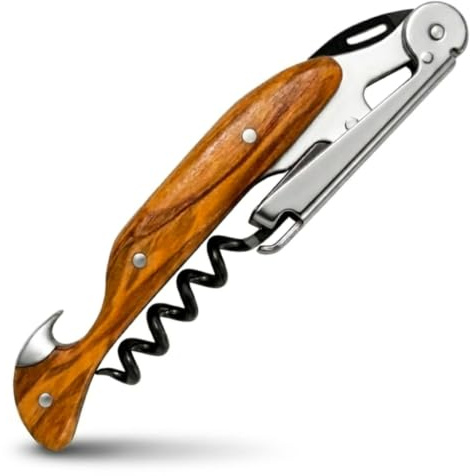 Sacacorchos para Profesionales FALCORK® 144 Eficiencia – Un Solo Paso para Uso Intensivo en Hostelería con Hélice Marcada, Abrebotellas Integrado y Mango de Madera Natural de Olivo