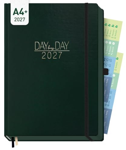 Häfft® Organizer Day by Day Maxi Tageskalender 2027 A4+ Dark Green | Größer als A4, 1 Tag 1 Seite - Terminplaner & Praxisplaner mit 30-Minuten-Takt, 3 Spalten, Hardcover mit edler Lederoptik