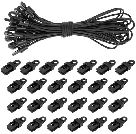 50 Pieces Heavy Duty Tarpaulin Clips Set, 25 Pcs Tarp Clips Heavy Duty Lock Grip & 25 Pcs Small Bungee Cords with Hooks 10 Inch for Camping Garden Awning and More